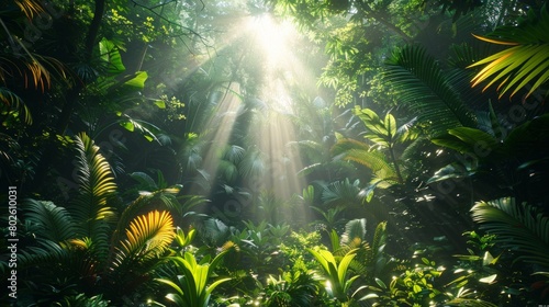 Dense tropical jungle  sunlight piercing through foliage  humid  rich biodiversity  vivid  AI Generative