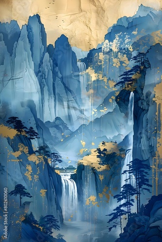 Zen golden blue landscape poster gild wall art design watercolor 