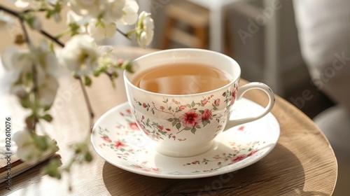 A teacup and saucer adorned with delicate floral patterns adds to the elegance of the experience of sipping on a cup of exquisite herbal tea.