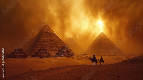 Great Pyramids of Giza  majestic ancient wonders caressed by the evening s golden hues  AI Generative