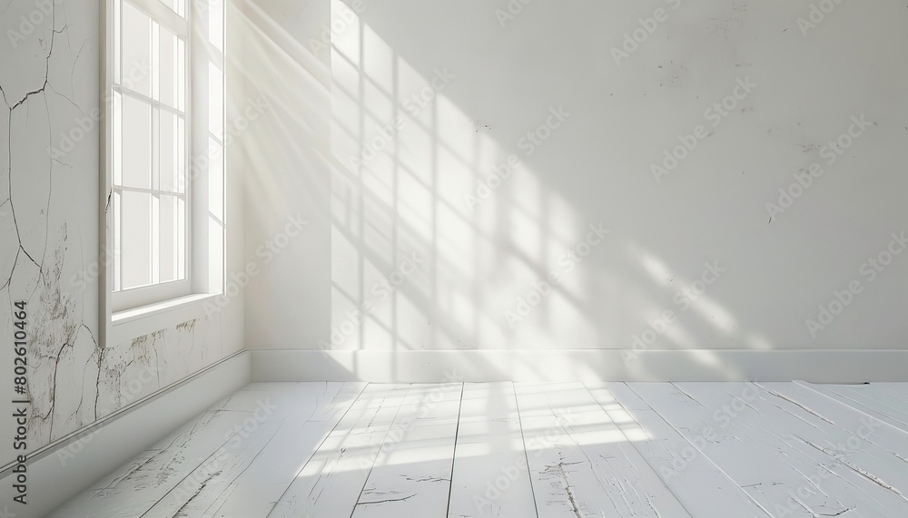 Fototapeta premium The image shows a bright and empty room with white walls and wooden floor