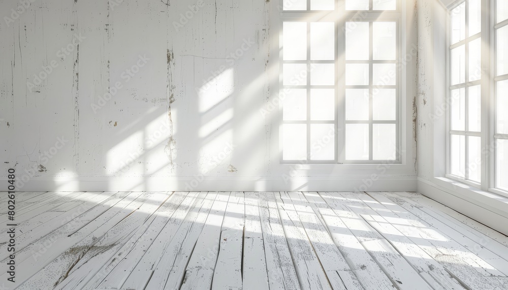 Fototapeta premium The image shows a bright and airy room with white walls and a large window