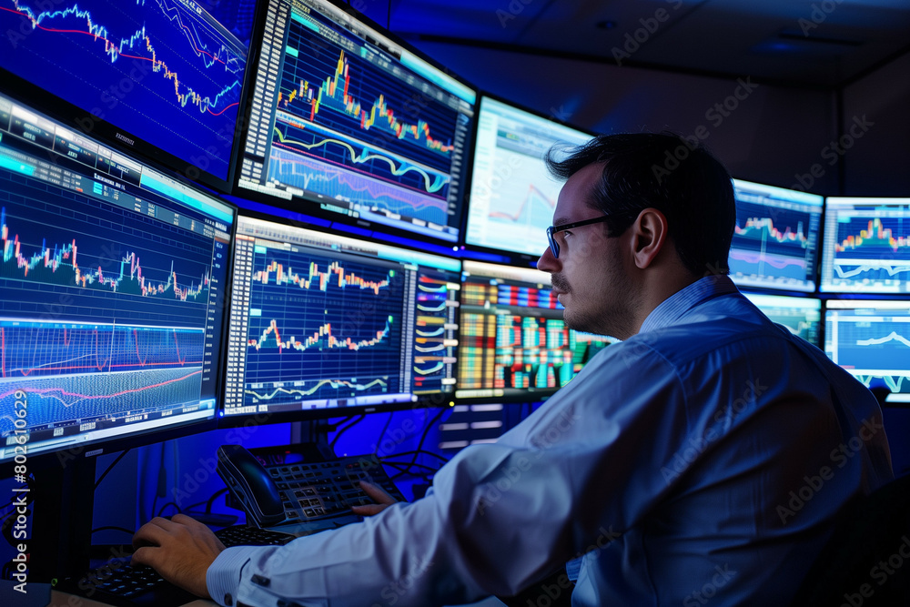 A man working in a high-tech trading room with multiple monitors displaying financial data and graphs A man working in a high-tech trading room with multiple monitors displaying financial data and graphs
