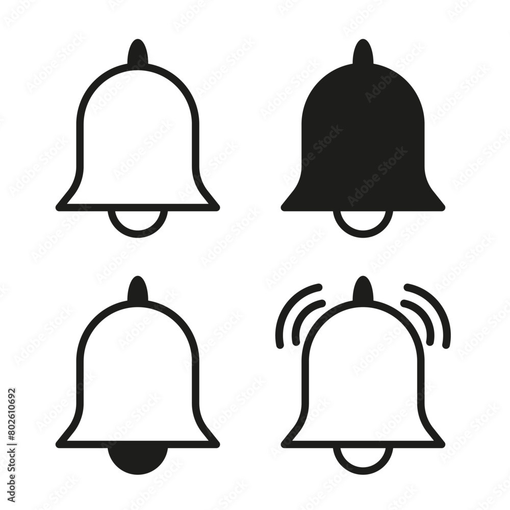 Notification bell icons. Alert signal symbols. Reminder alarm illustrations. Sound indication graphics. Vector illustration. EPS 10. Notification bell icons. Alert signal symbols. Reminder alarm illustrations. Sound indication graphics. Vector illustration. EPS 10.