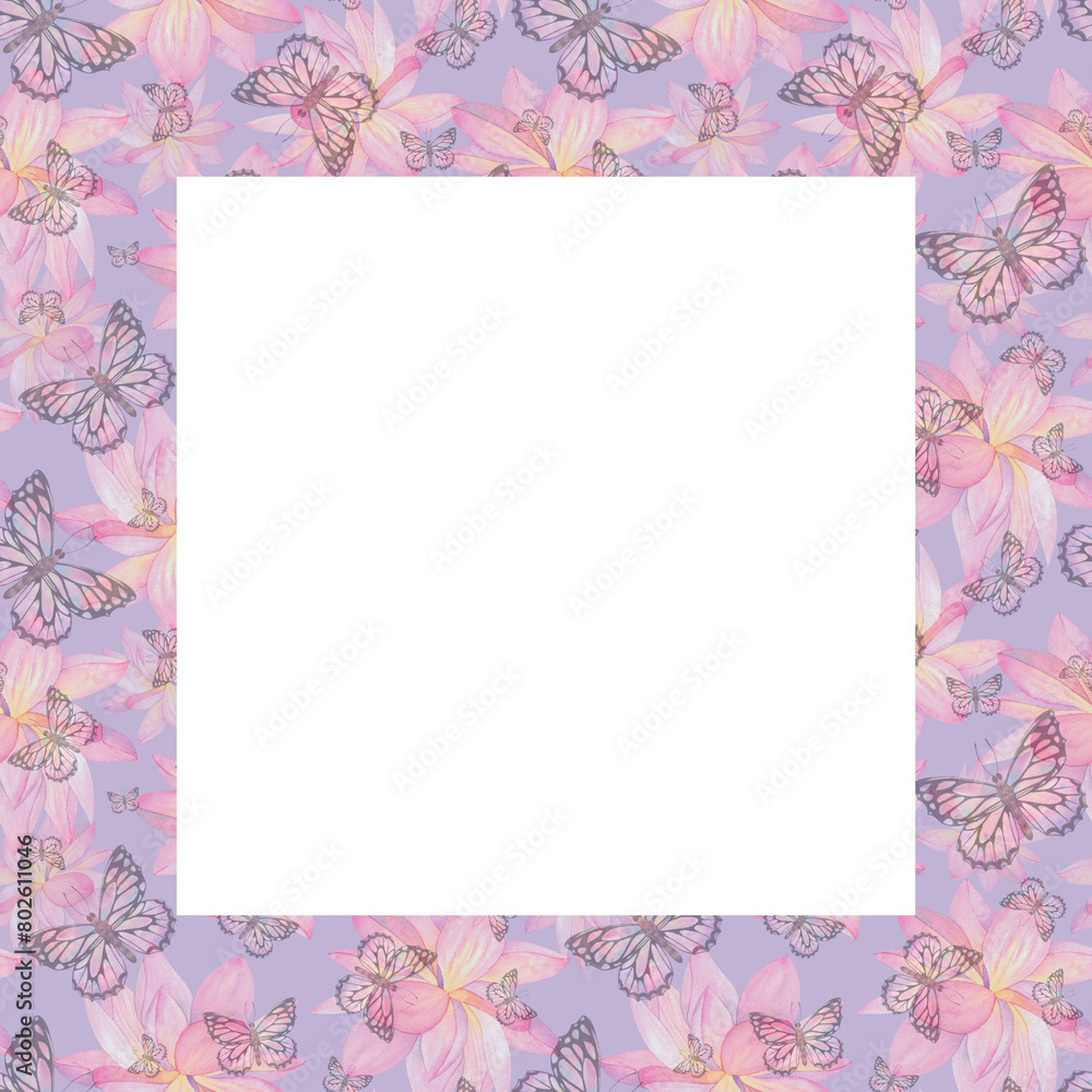 Delicate pink butterflies and lotus flowers. Watercolor, hand drawn illustration. Frame, template, blank on white background