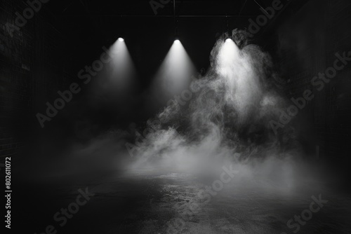 Empty space studio dark room with spot lighting and fog in black background - generative ai