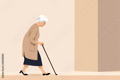 illustration of a grandmother walking bent over with a cane