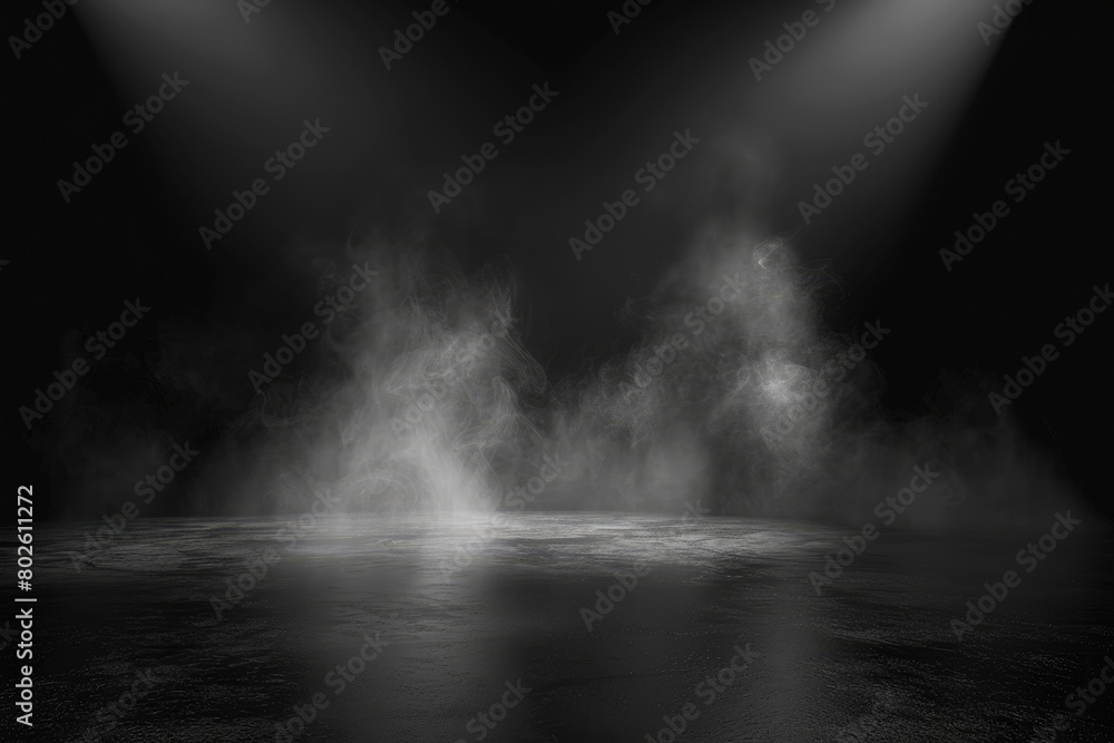 Empty space studio dark room with spot lighting and fog in black background - generative ai Empty space studio dark room with spot lighting and fog in black background - generative ai