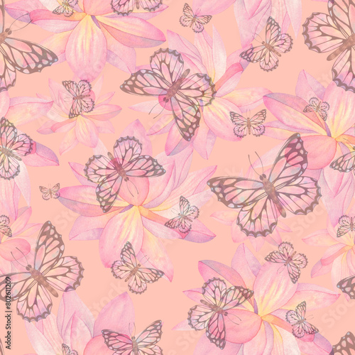 Delicate pink butterflies and lotus flowers on a peach background. Watercolor illustration. Seamless pattern. For the design of fabric  textiles  wallpaper  packaging