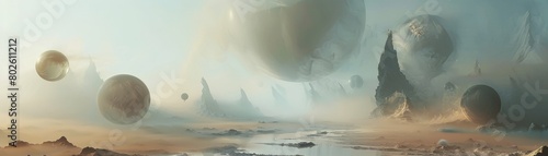 The image shows a post-apocalyptic landscape with a ruined city in the background and large, glowing spheres in the sky. photo
