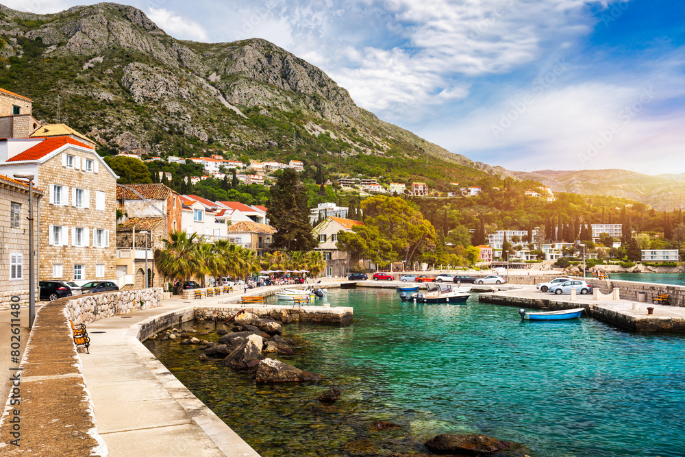 Idyllic village of Mlini in Dubrovnik archipelago view, south Dalmatia region of Croatia. Adriatic village of Mlini waterfront aerial view, Dubrovnik coastline of Croatia.