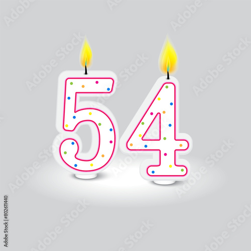 Birthday candle numbers 54 vector. Colorful confetti decoration. Vector birthday symbol. Festive candlelight illustration.