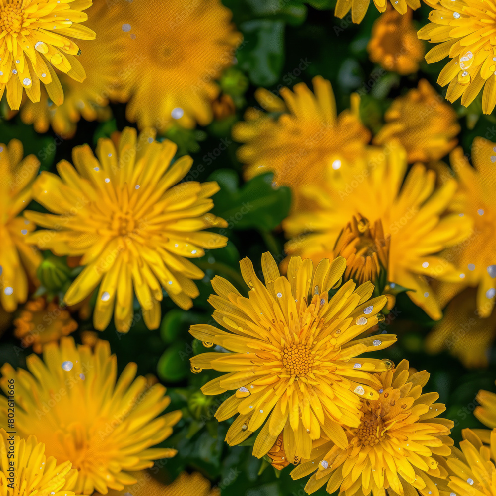 Seamless pattern of pretty dandelion flowers with green leaves, aerial view, closeup shot Seamless pattern of pretty dandelion flowers with green leaves, aerial view, closeup shot