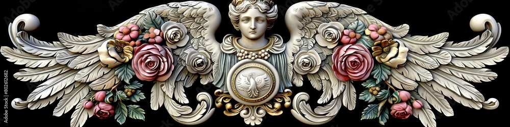 Ornate Baroque Angel Carving with Floral Accents, Perfect for Historical and Religious Art Themes Ornate Baroque Angel Carving with Floral Accents, Perfect for Historical and Religious Art Themes