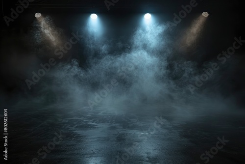 Empty space studio dark room with spot lighting and fog in black background - generative ai