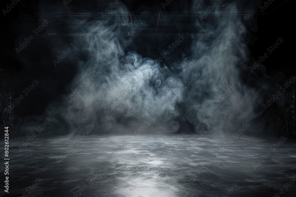 Empty space studio dark room with spot lighting and fog in black background - generative ai