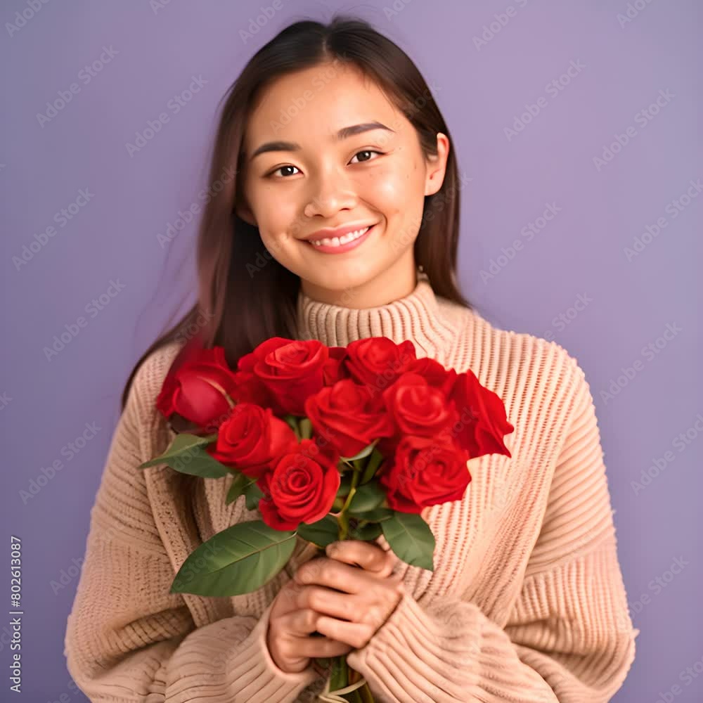Portrait of a happy young Asian woman with red roses in hand. Generate AI image Portrait of a happy young Asian woman with red roses in hand. Generate AI image