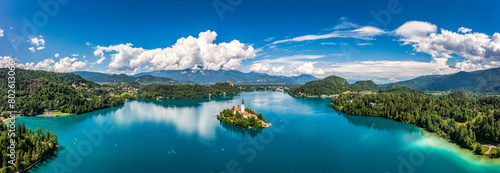 Lake Bled in Slovenia. Beautiful mountains and Bled lake with small Pilgrimage Church. Bled lake and island with Pilgrimage Church of the Assumption of Maria. Bled  Slovenia  Europe.