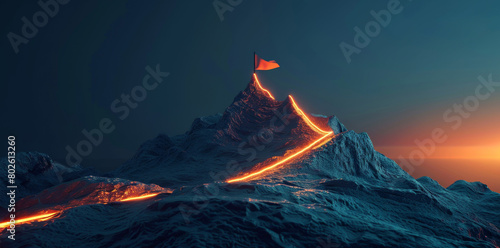 A glowing light path leading to the top of a snowy mountain peak with a flag, this 3D rendering illustration concept symbolizes business success and goal achievement