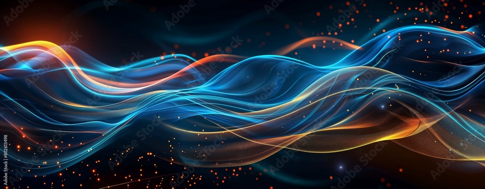 Fototapeta premium Abstract flowing waves of blue, orange, and purple light on a dark background.