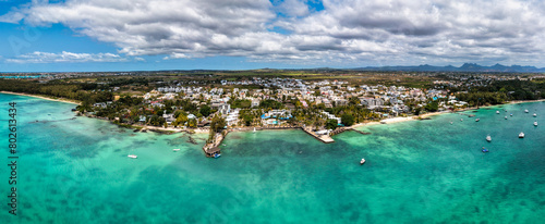 Mauritius beach aerial view of Mont Choisy beach in Grand Baie, Pereybere North. Mont Choisy, public beach in Mauritius island, Africa. Beautiful beach of Mont Choisy in Mauritius, drone aerial view.