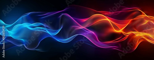 Abstract colourful waves of blue, purple, and orange light on a dark background.