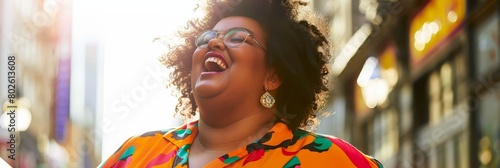 A Radiant Plus-Size Woman Embraces Her Beauty in a Vibrant, Colorful Outfit, Laughing Wholeheartedly as She Enjoys a Sunny Day on a Bustling City Street photo