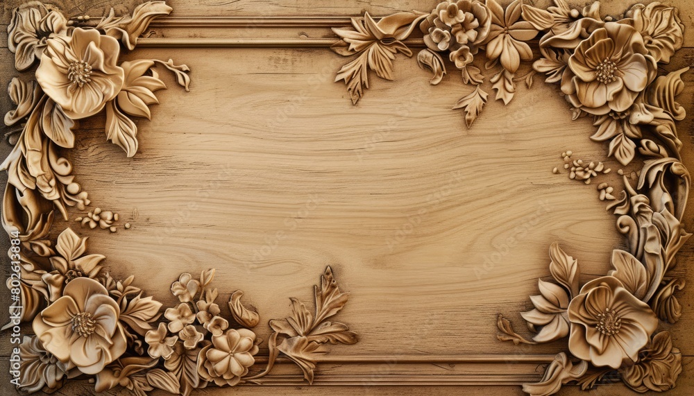 Leaf carvings with a wooden frame surrounding it, along with floral wood carvings, providing a decorative and elegant frame touch. Leaf carvings with a wooden frame surrounding it, along with floral wood carvings, providing a decorative and elegant frame touch.