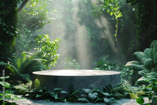 Blank podium in a forest theme, commercial 3D render