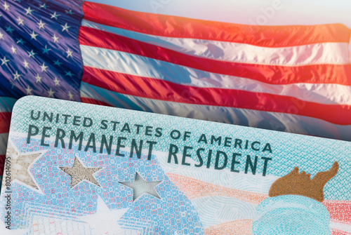 Green Card US Permanent resident card. Immigrant ID documents. USA Electronic Diversity Visa Lottery DV-2024 DV Lottery Results. United States of America. American flag on background. High resolution
