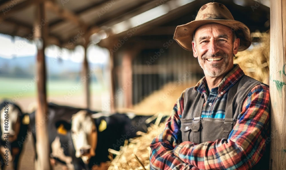 A smiling male farmer on the background of a cowshed. The concept of farming and animal husbandry. Eat local. A smiling male farmer on the background of a cowshed. The concept of farming and animal husbandry. Eat local.