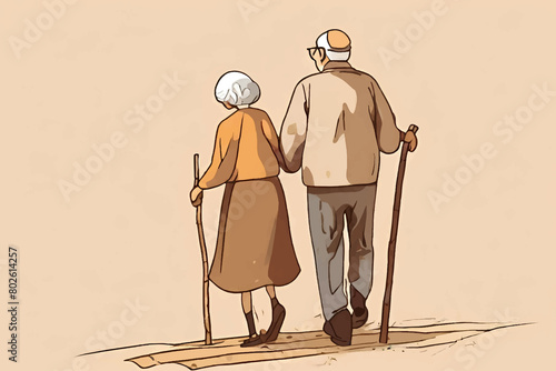 illustration of grandfather and grandmother walking bent over with sticks
