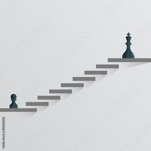 Chess pawn standing with king on the top of stairs. Dream, motivation and ambition vector illustration