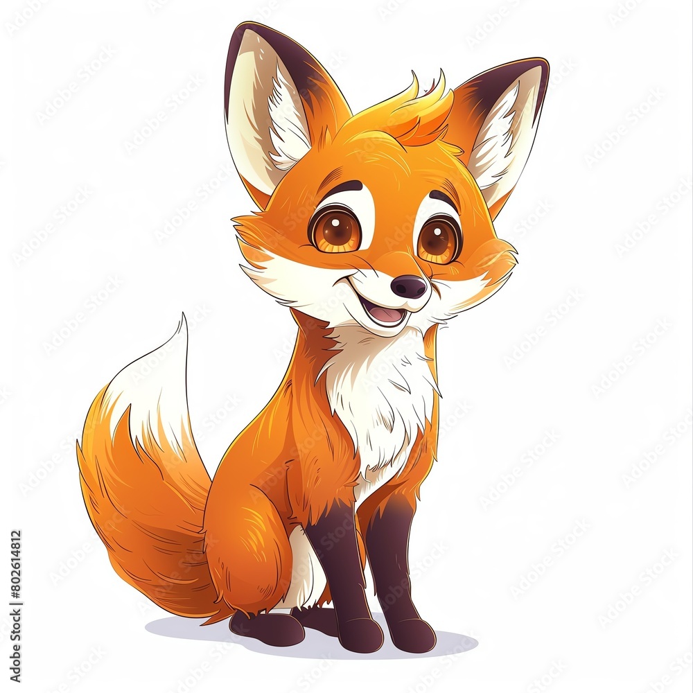 Obraz premium A cute cartoon fox with big eyes and a fluffy tail. The fox is sitting on a white background and looking at the viewer with a friendly expression.