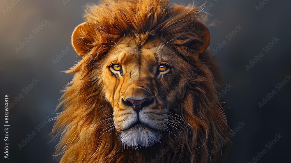 Naklejka premium Hyper Chibi Styled Oil Painting of a Majestic Lion in Close Up Portrait