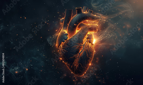 Abstract human heart with glowing elements and light effects on dark background, concept of health care or card blank design for medical advertising. high detail, hyperrealism photo