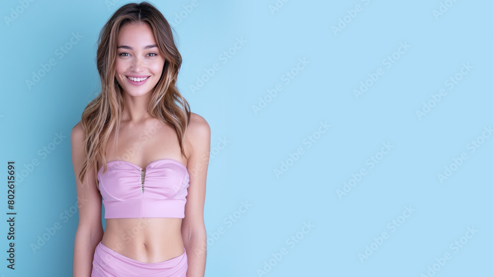 Fototapeta premium Germany woman in form fitting tube dress isolated on pastel background