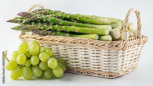 World Health Day Concept: Fresh Asparagus and Green Grapes in White Bamboo Basket on White Background