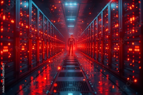 "Server Room with Rows of Servers: Detailed Data Center Environment with Supercomputers, Ideal for Stock Photos"