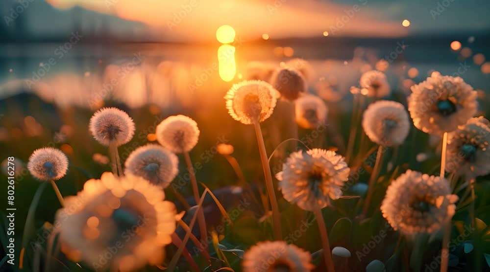Beautiful dandelions on the shore of Lake on sunset. Generate AI image Beautiful dandelions on the shore of Lake on sunset. Generate AI image