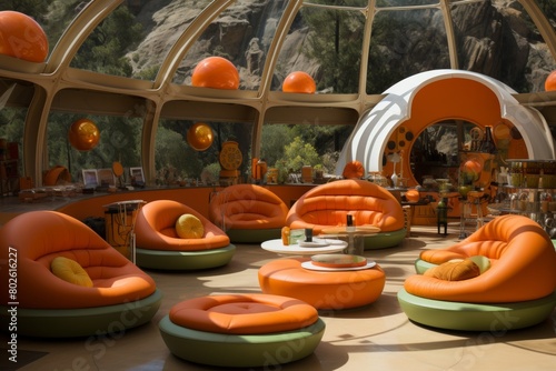 Step into a retro futuristic living room featuring vibrant orange chairs, cozy green pillows, and intriguing coffee tables by a glass dome ceiling with a captivating view of the outside