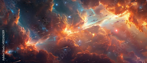 Feline squadron soaring past nebulae photo