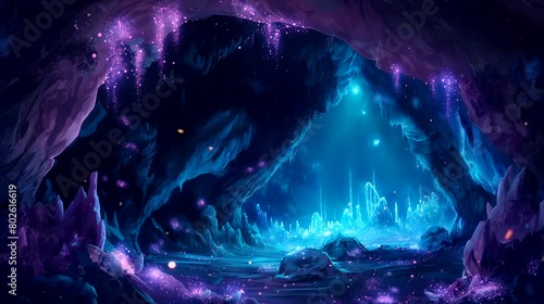 Luminous Glowing Caves: Illuminated Depths Below. Fantasy landscape anime or cartoon style, looping 4k video animation background photo