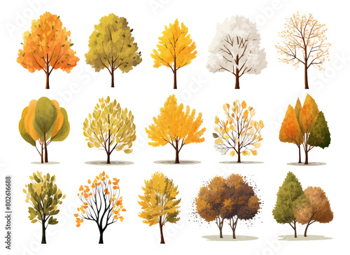 Set of watercolor autumn trees on isolated white background