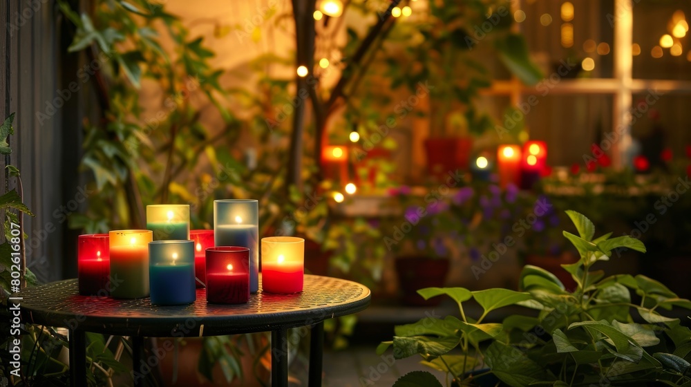 In the corner of the patio a small table is adorned with a variety of colorful candles adding a touch of ambiance to the scene. 2d flat cartoon.