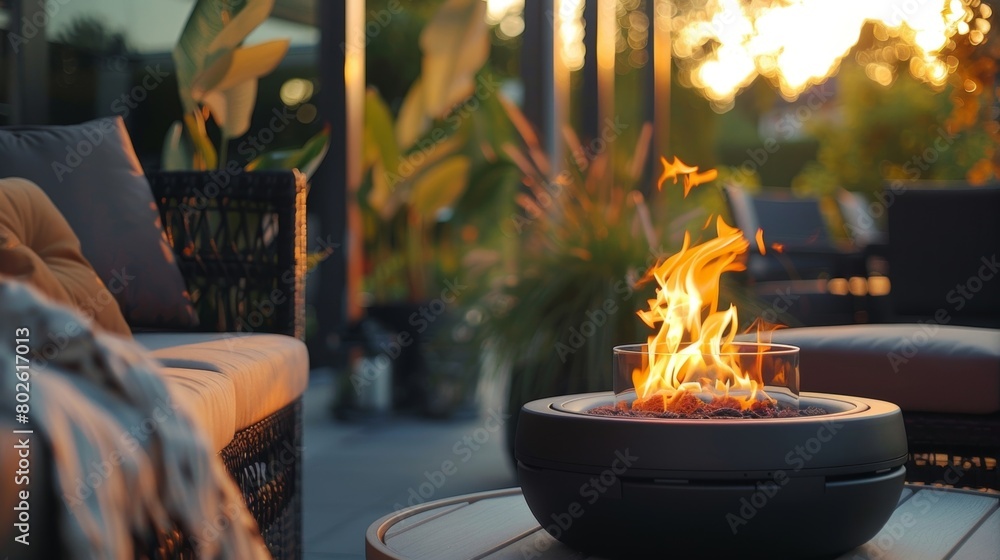 Obraz premium The inviting and cozy atmosphere of an ecofriendly bioethanol fireplace makes it the perfect addition to any outdoor terrace or patio. 2d flat cartoon.