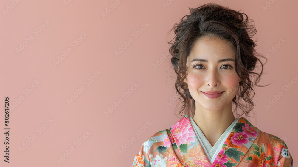 Teacher woman in japanese kimono traditional suit isolated on pastel Teacher woman in japanese kimono traditional suit isolated on pastel