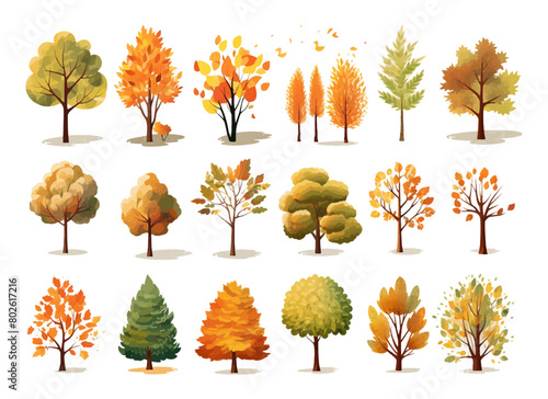 Set of watercolor autumn trees on isolated white background