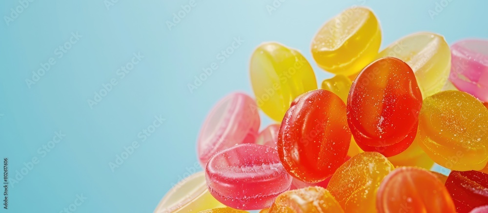 Bright jelly candies arranged in a heap on a light blue backdrop, seen up close. Room for text. Bright jelly candies arranged in a heap on a light blue backdrop, seen up close. Room for text.