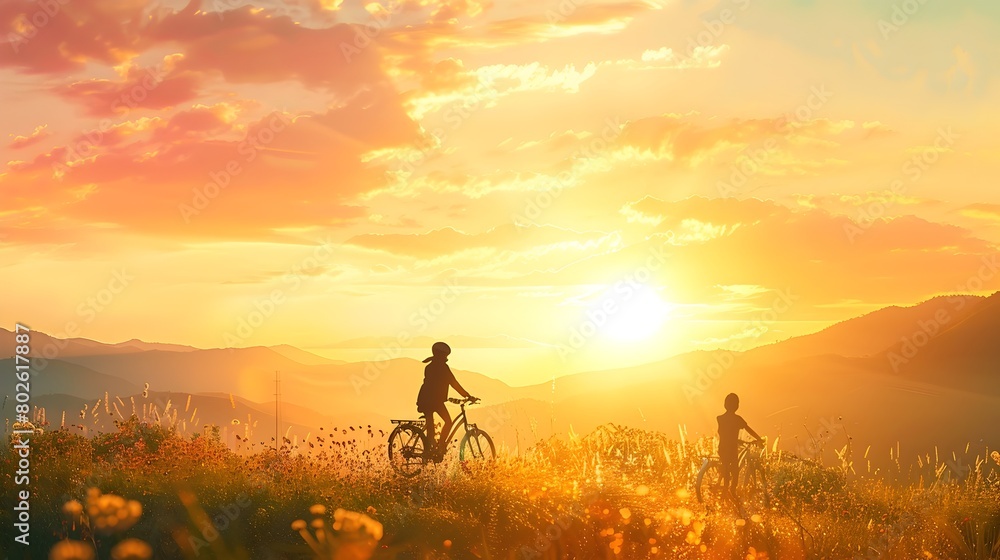 Silhouetted Bicyclists Ride Into Breathtaking Sunset Over Lush Rolling Countryside Landscape with Vibrant Warm Tones and Soft Focus Impressionist Silhouetted Bicyclists Ride Into Breathtaking Sunset Over Lush Rolling Countryside Landscape with Vibrant Warm Tones and Soft Focus Impressionist